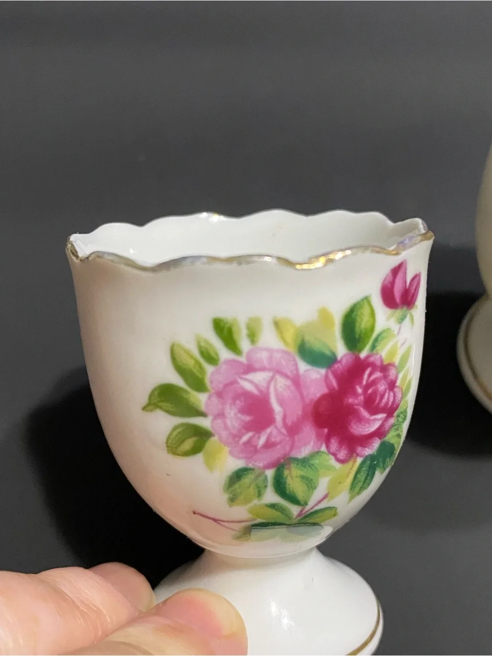 3 Vintage Egg Cups Porcelain white with Pink Roses Scalloped Gold Trim